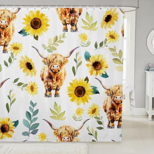 Feelyou Highland Cow Bath Curtain Sunflower Bathroom Set