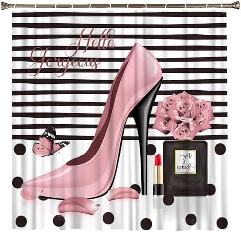 Fashion Girls Pink 70x70 Heart Love Shower Curtain Set with 12 Hooks