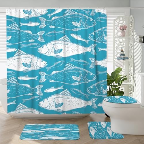 4PCS Cartoon Fish Bathroom Shower Curtains with Non-Slip Mat