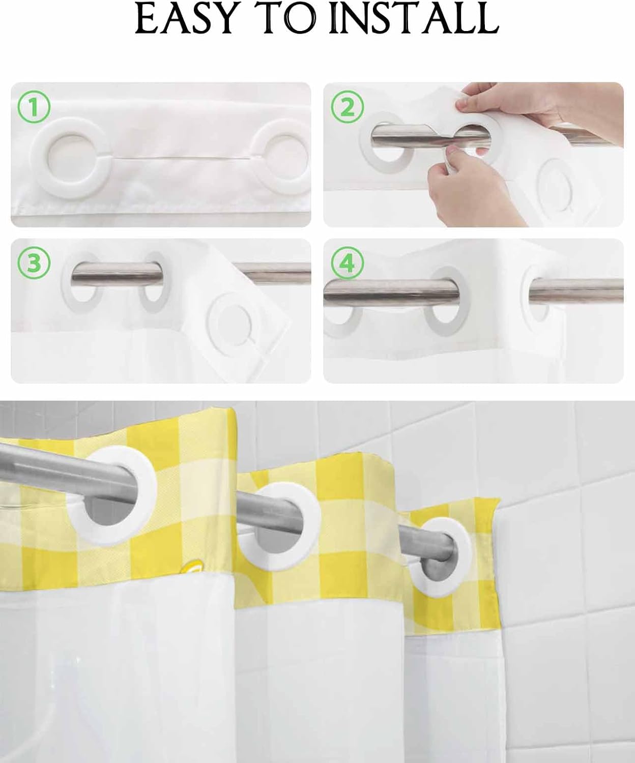 TocaHome No Hook Yellow Buffalo Check Shower Curtain Set