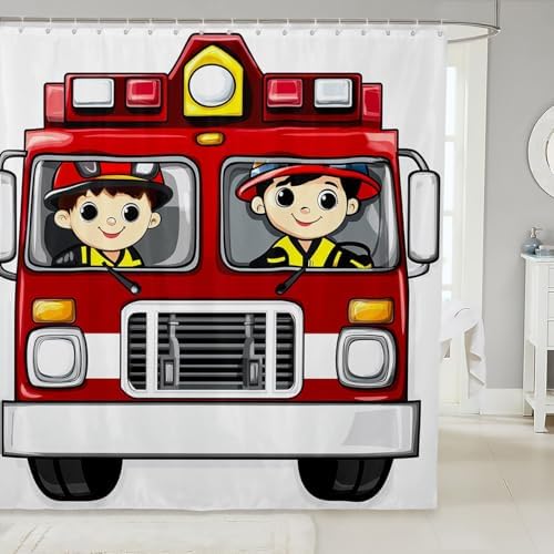 Fire Engine Bath Curtain Set with 12 Hooks