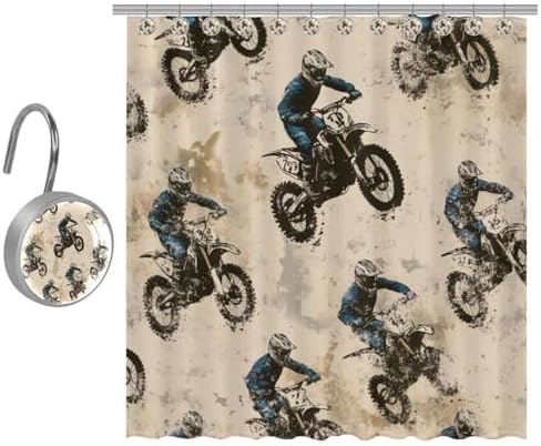 Blue Boys Motorcross Themed Shower Curtain Set - Rustic Stylish Bathroom Curtain