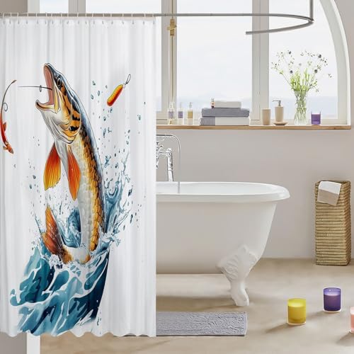 Cartoon Pike Fish Big Bass Bath Curtain 72x84
