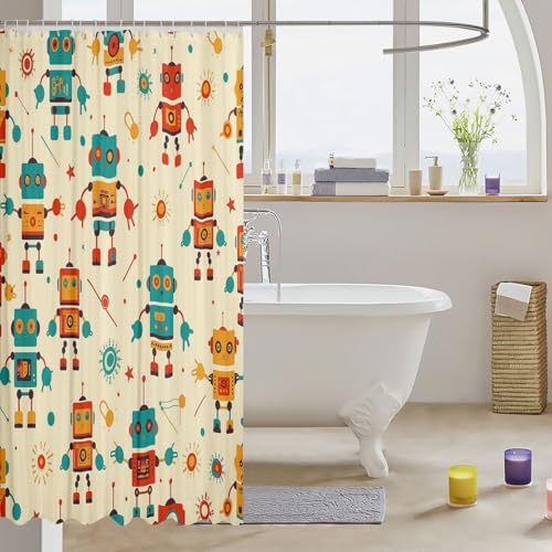 Cute Robot Bath Curtain for Kids Yellow Machine Washable Bathroom Accessory
