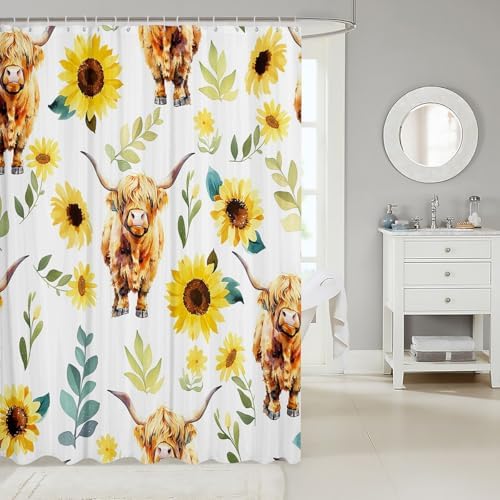 Feelyou Highland Cow Bath Curtain Sunflower Bathroom Set