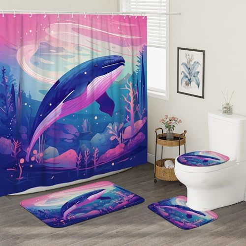 4PCS Fantasy Whale Bath Set with Non-Slip Rug and 12 Hooks