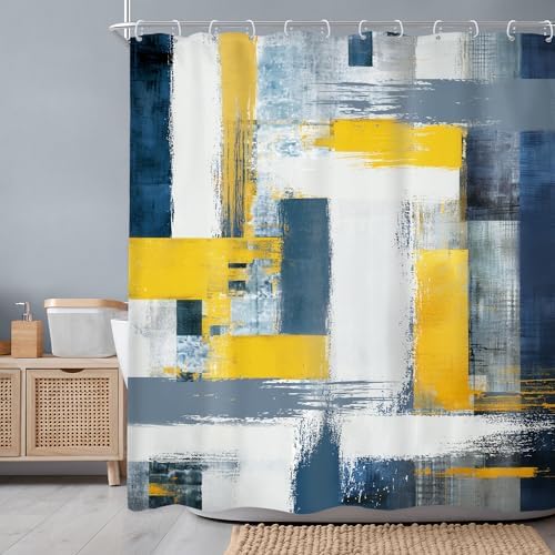Newsely Abstract Geometric Shower Curtain Modern Design with Navy Blue and Yellow