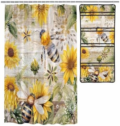 Bee Floral shower curtain set with caddy waterproof 60x72-inch farmhouse design
