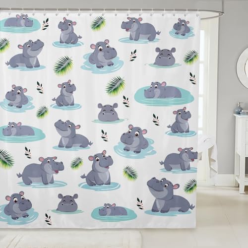 Cartoon Hippo Kids Shower Curtain Set 72x78
