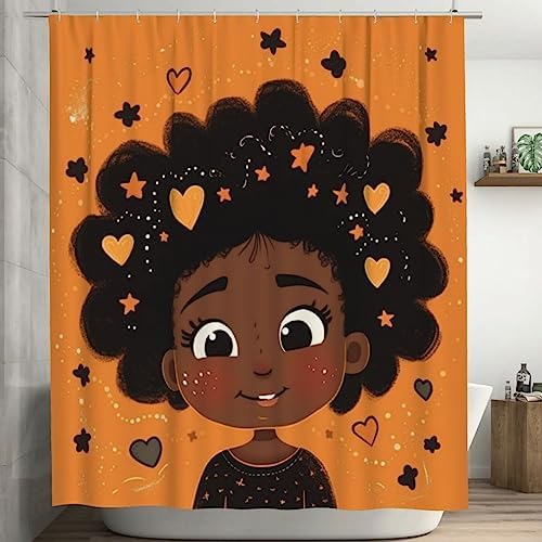 Smile Black Girl Bathroom Shower Curtain Set with Star Heart Design