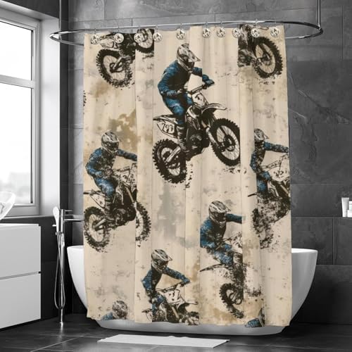 Blue Boys Motorcross Themed Shower Curtain Set - Rustic Stylish Bathroom Curtain