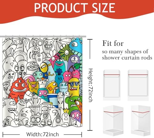 Kids Shower Curtain for Bathroom Fun Abstract Cartoon Red Little Monster 72x72