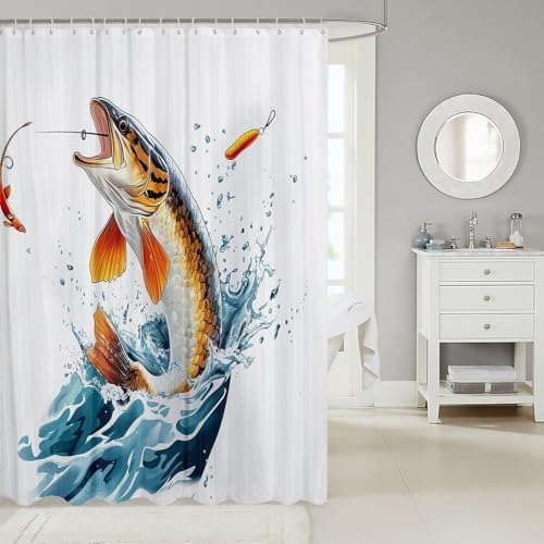 Cartoon Pike Fish Big Bass Bath Curtain 72x84