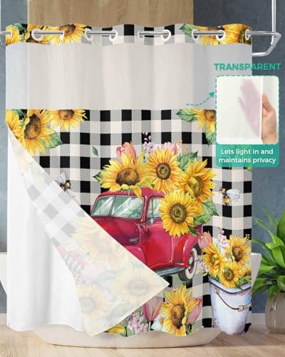 Stunning Bathroom shower curtains Red Truck Pull Sunflowers Waterproof Unique Design