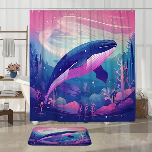 4PCS Fantasy Whale Bath Set with Non-Slip Rug and 12 Hooks
