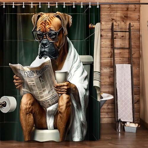 JAWO Funny Dog Bathroom Curtain Set 12 Hooks Washable 72x84 Poly