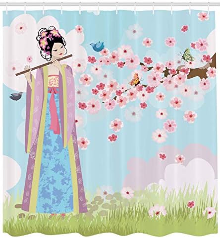 Oriental Music Shower Curtain Cherry Blossoms Butterflies Ambesonne