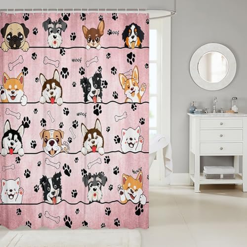 Cute Dog Shower Curtain with 12 Hooks Waterproof 3D-Printed