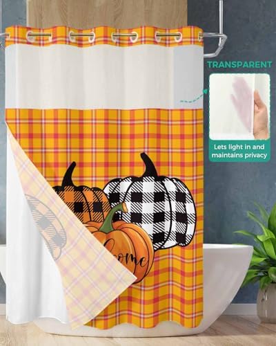 fall pumpkin no hook bath shower curtain set - soft 48x72 botanical design