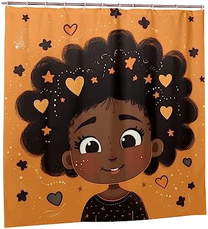 Smile Black Girl Bathroom Shower Curtain Set with Star Heart Design