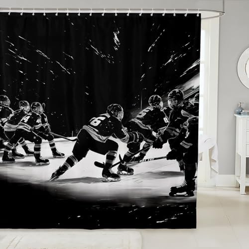 Seamless Durable Ice Hockey Shower Curtain Black White