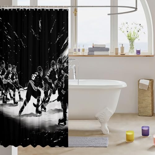 Seamless Durable Ice Hockey Shower Curtain Black White