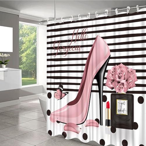 Fashion Girls Pink 70x70 Heart Love Shower Curtain Set with 12 Hooks