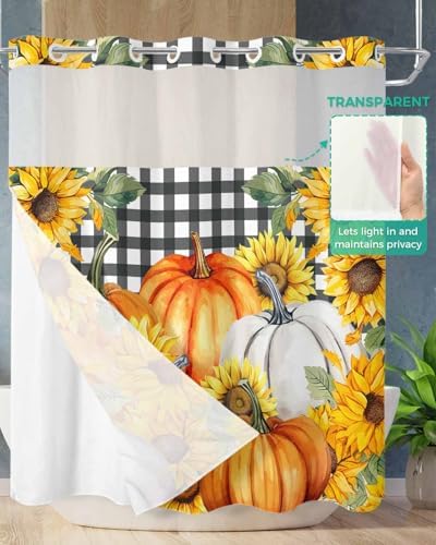 No Hook Cloth Fabric Shower Curtain with Snap-in Liner Set