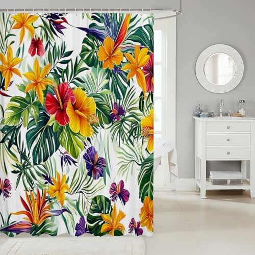 Tropical Flower Shower Curtain Set 72x84 Green Palm Leaves