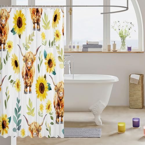 Feelyou Highland Cow Bath Curtain Sunflower Bathroom Set