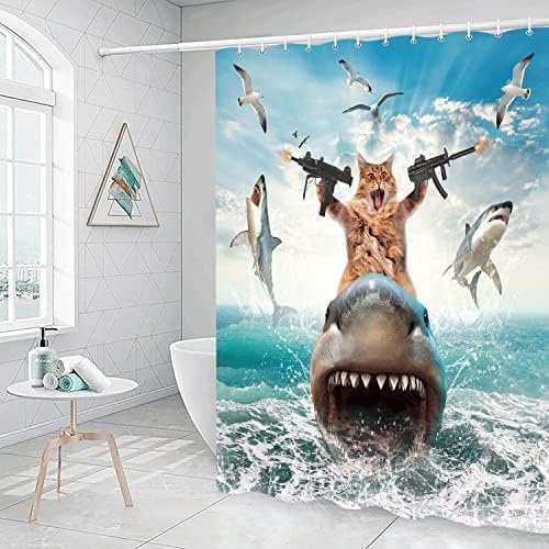 Funny Cat Riding Shark Shower Curtain Set for Boys