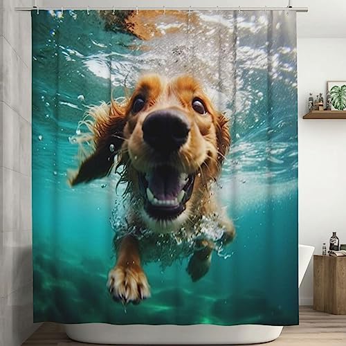 Underwater Dog Shower Curtain Set with 12 Hooks