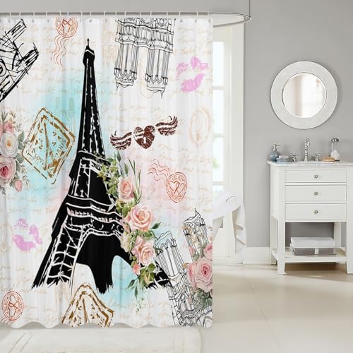 72Eiffel Tower Bath Curtain Set 12 Hooks