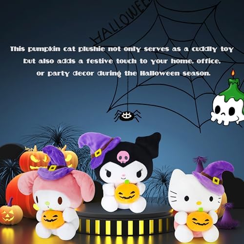 Spooky Halloween Cat Plush with Pumpkin Witch Hat