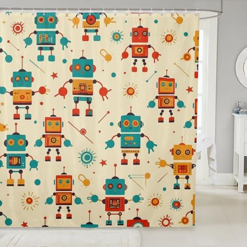 Cute Robot Bath Curtain for Kids Yellow Machine Washable Bathroom Accessory