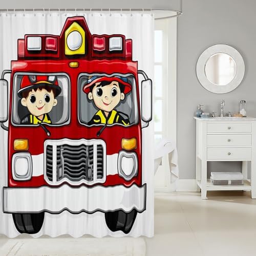 Fire Engine Bath Curtain Set with 12 Hooks
