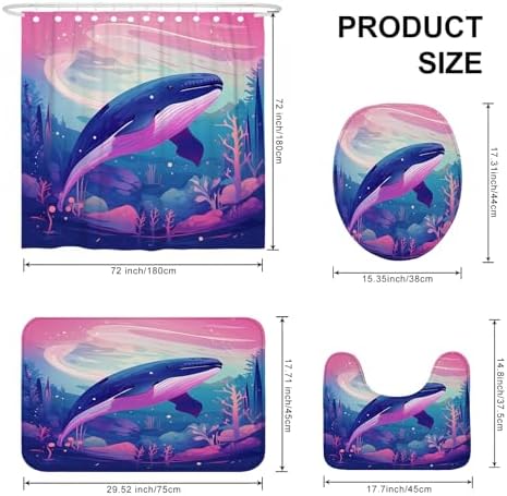 4PCS Fantasy Whale Bath Set with Non-Slip Rug and 12 Hooks