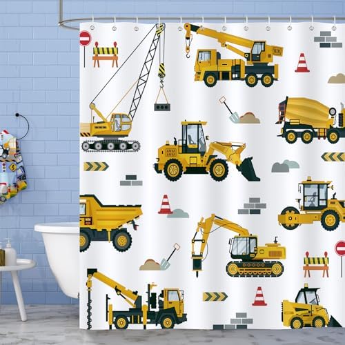 Fun Construction Kids Shower Curtain Durable Waterproof Easy to Use