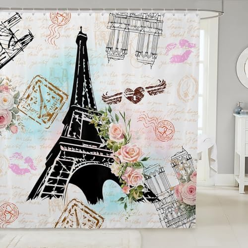 72Eiffel Tower Bath Curtain Set 12 Hooks