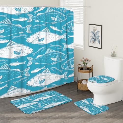 4PCS Cartoon Fish Bathroom Shower Curtains with Non-Slip Mat
