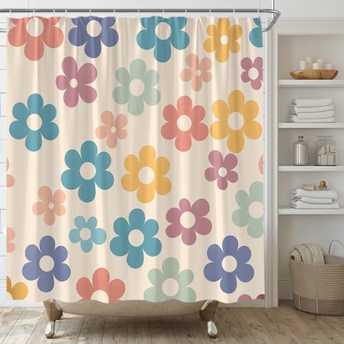 Retro Bathroom Shower Curtain Boho Pastel Floral Design