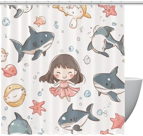 Cartoon Shark Starfish Girl Shower Curtain - 72x72 inches