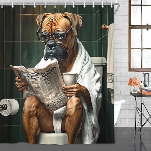 JAWO Funny Dog Bathroom Curtain Set 12 Hooks Washable 72x84 Poly