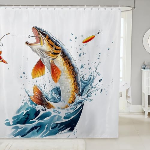 Cartoon Pike Fish Big Bass Bath Curtain 72x84
