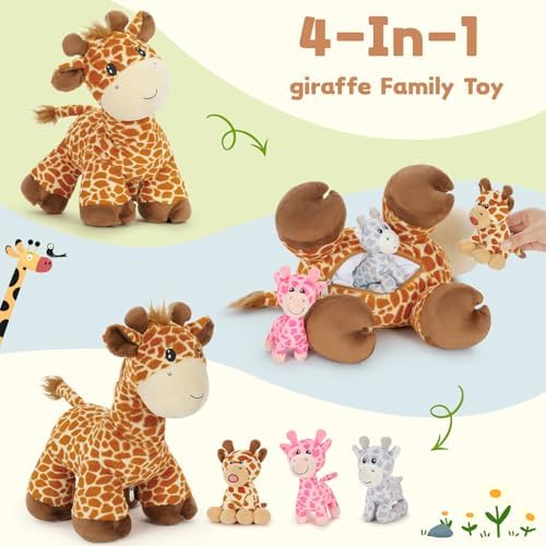 18in Tezituor Giraffe Stuffed Animal with 3 Cute Babies