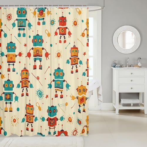 Cute Robot Bath Curtain for Kids Yellow Machine Washable Bathroom Accessory