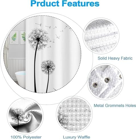 White Boho Shower Curtain Black Dandelions Waffle Shoot Curtains 72x72inches