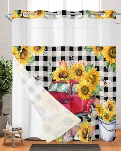 Stunning Bathroom shower curtains Red Truck Pull Sunflowers Waterproof Unique Design