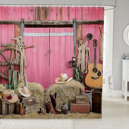 Pink Farmhouse Shower Curtain Set with Hooks