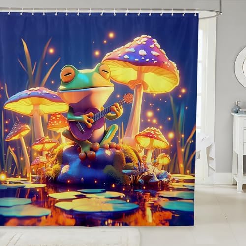 Trippy mushroom bath curtain set with 12 hooks for kids